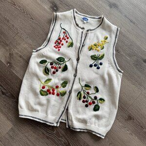 Vtg 80s 90s Tabi cottagecore cotton embroidered vest with berries and leaves / M